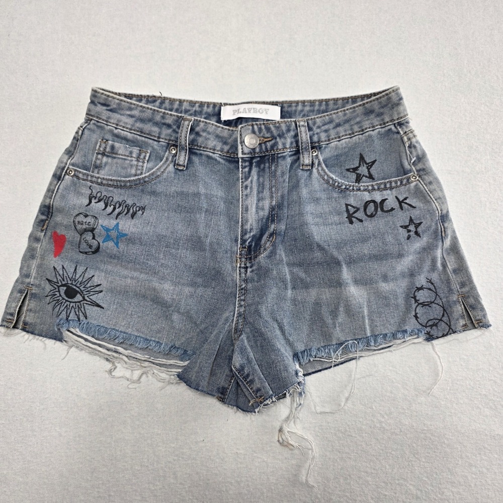 Playboy Women Size 7 Denim Cutoff Shorts Distressed Graffiti Bunny Y2K Blue NWOT